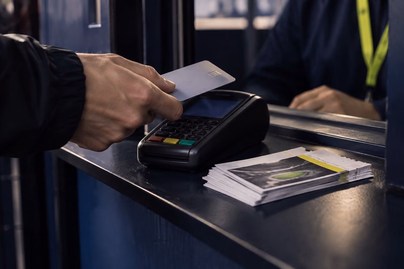 A hand tapping a card on a terminal at a box office counter, printed tickets beside it